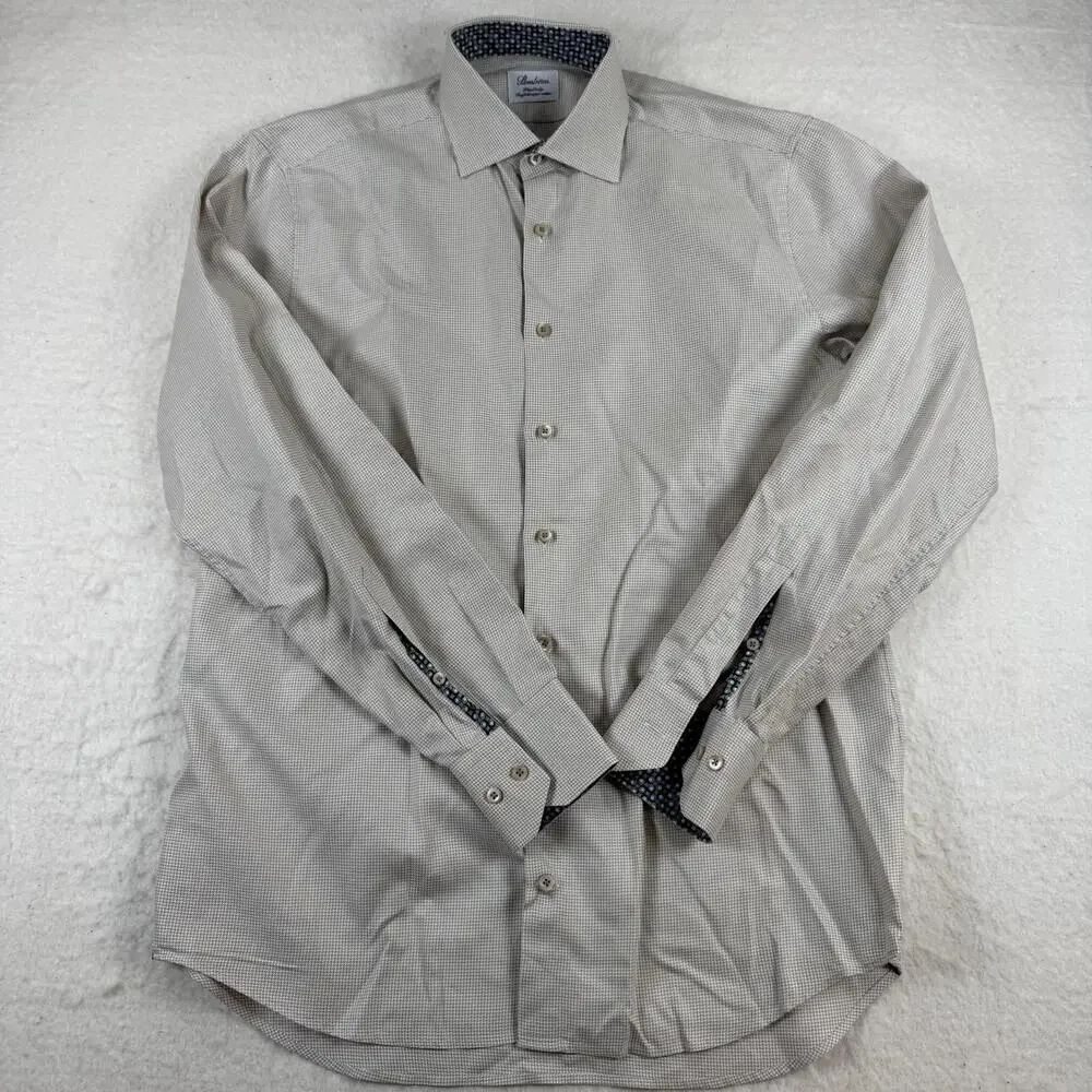 Stenströms Dress Shirt Mens Size 15.5 Beige Houndstooth Slim Fit Long Sleeve